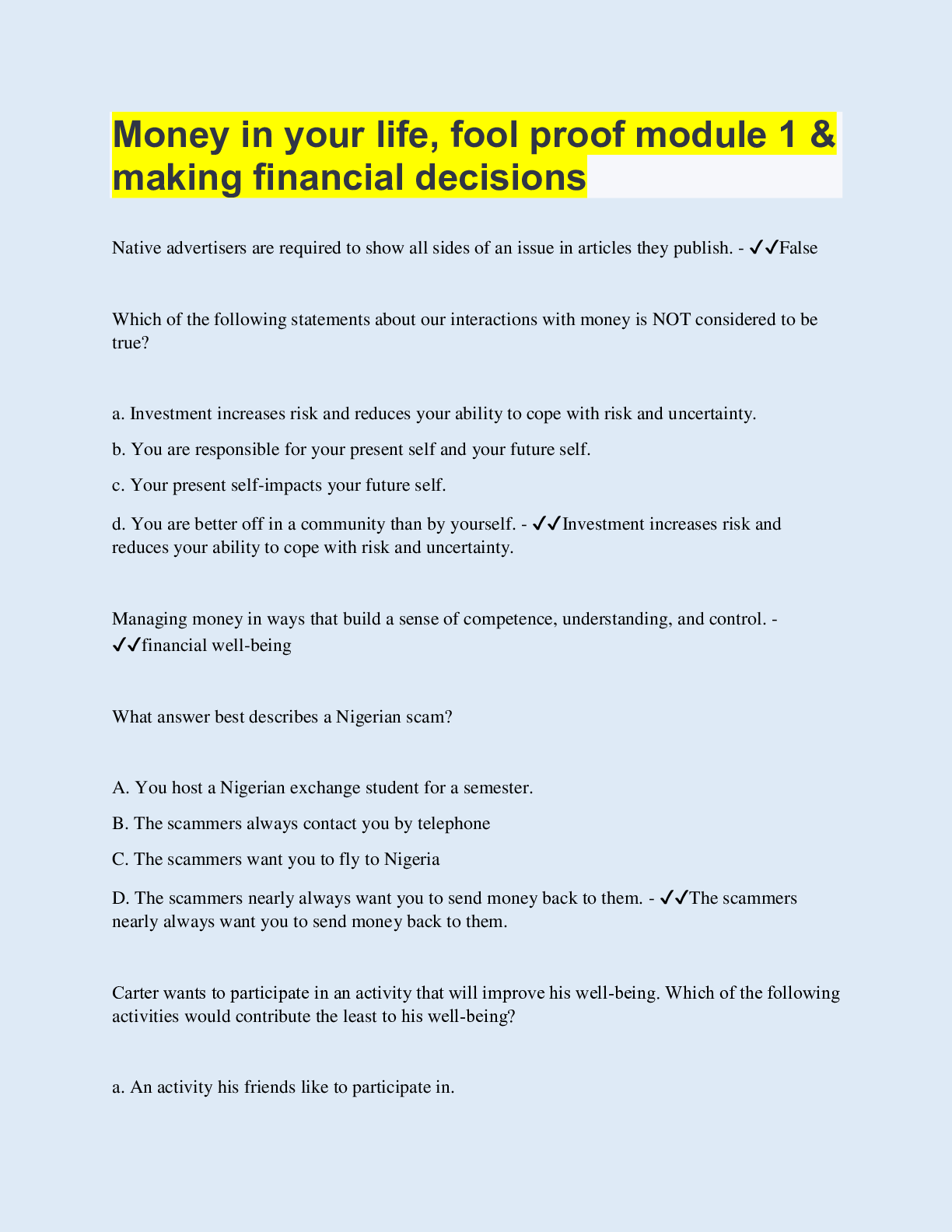 Preview image for Money in your life, fool proof module 1 & making financial decisions | Questions with 100% Correct Answers | Updated & Verified